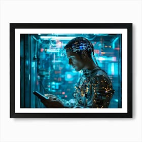 An Artificial Brain Composed Of Gleaming Neural Minings And Complex Data Streams Emanates From A F Art Print