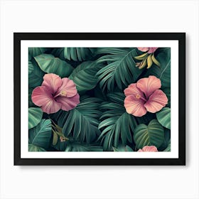 Tropical Seamless Pattern With Hibiscus Flowers, Beautiful Palm, Banana Leaves 2 Art Print