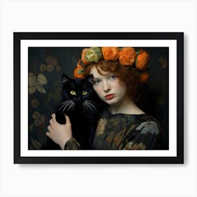 Contemporary Floral Cat And Woman 1 Art Print