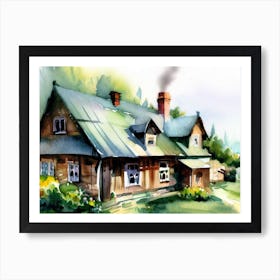 Village House AI Watercolor Painting Art Print