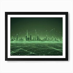 Abstract Digital Artwork Of A Futuristic Cityscape With Glowing Green Lines Representing A Network Or Grid 2 Art Print