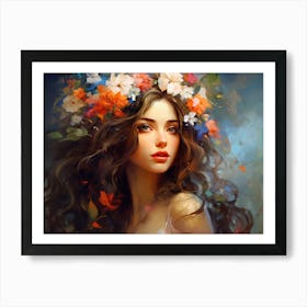 Upscaled An Oil Painting Of A Beautiful Woman With Flowers On Her Art Print