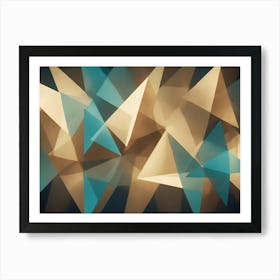 Abstract, Overlapping Triangular Shapes In Gold And Blue Hues Create A Sense Of Depth And Dimension Against A Dark Background Art Print