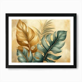 Vintage Tropical Green Brown Leaves, Beige Background, Golden Texture 6 Art Print