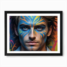 A Portrait Of A Young Man With Blue Eyes, Painted With Abstract Patterns In Shades Of Blue, Orange, And Yellow On His Face, Set Against A Colorful, Splatter Painted Background Art Print