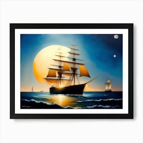 Tall Ship With Big Moon Art Print