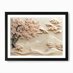 Beautiful Sakura Tree and Mountain 3d 3 Art Print