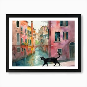 Black Cat In Venice, Italy, Street Art Watercolour Painting 3 Art Print