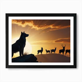 Sunset With Deer Art Print