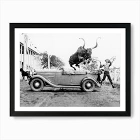 Bull Jumping Over Car, Western Aesthetic, Vintage Black and White Old Photo Art Print