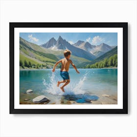 Boy Jumping Into Lake Art Print