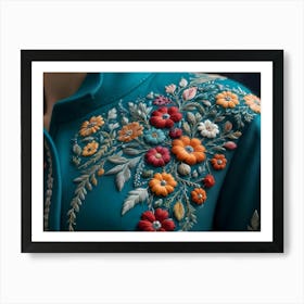 Close Up Of Embroidered Flowers On Blue Fabric 1 Art Print