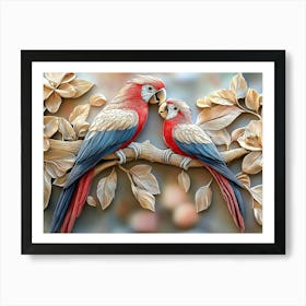 Beautiful 3d Parrots on a Branch Art Print