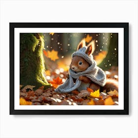 Squirrel Snuggled In An Oversized Knitted Scarf And Tiny Matching Beanie Fluffy Tail Wrapped Over I Art Print