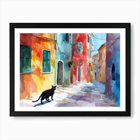 Black Cat In Cagliari, Italy, Street Art Watercolour Painting 3 Art Print