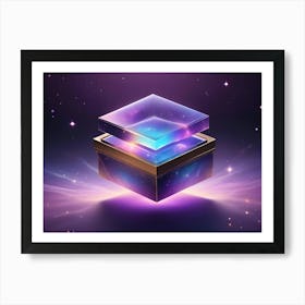 A 3d Illustration Of A Glowing Cube With A Galaxy Design Inside, On A Purple Background With Stars Art Print