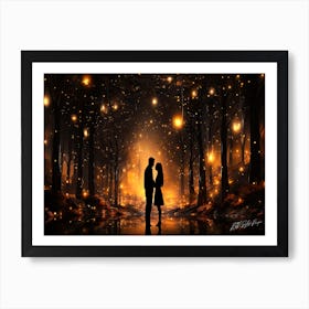 Two Lovers Silhouetted - Fireflies In The Forest Art Print