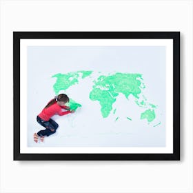 A Child Drawing A Map Of The World Art Print