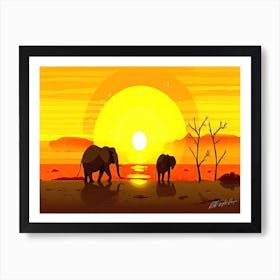 Serengeti Africa - Sunset Elephants Art Print