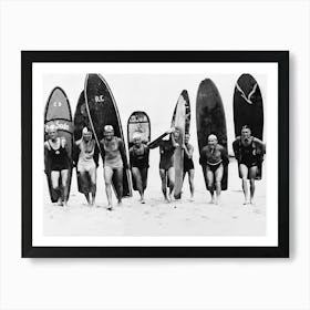 Surfers, Men With Surfboards, Vintage Black and White Old Photo, Vintage Beach Art Art Print