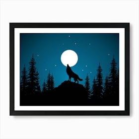 Illustration Of A Lone Wolf Howling Under A Full Moon In The Wilderness Of Wyoming Its Silhouette A (1) Art Print