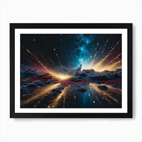 A Surreal Landscape With Mountains And A Burst Of Glowing Light, Set Against A Starry Night Sky, Creating A Sense Of Wonder And Mystery Art Print