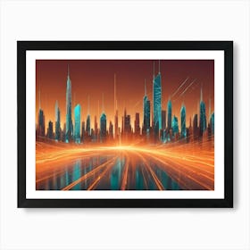 Abstract Image Of A City Skyline With Glowing, Orange Lines, Resembling A Digital Network Or A Futuristic Cityscape Art Print