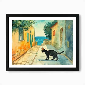 Paphos, Cyprus   Cat In Street Art Watercolour Painting 4 Art Print