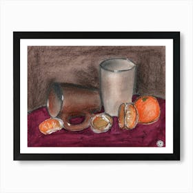 Cups And Clemetines - Anton Maliar painting figurative still life classic pastel grey orange red kitchen Art Print