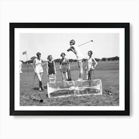 Lady Golfers on Ice Block, Black and White Vintage Photo Art Print
