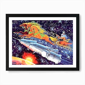 Santa Racing With Space Rockets, Soviet Vintage Holiday Poster, Space Race Era Art Print