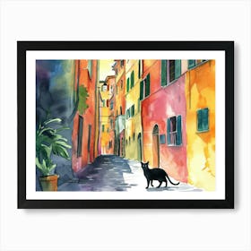 Black Cat In Genoa, Italy, Street Art Watercolour Painting 2 Art Print
