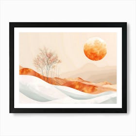 Abstract Minimalist Landscape Painting Of Snow Covered Hills Leafless Trees And A Large Orange Sun Art Print