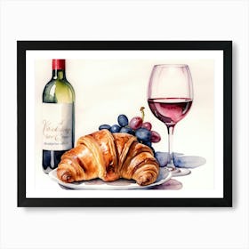 Croissant and Wine watercolor painting 8 Art Print