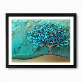 A Vibrant 3d Tree Artwork with Delicate Turquoise and Blue Leaves, Standing on a Gentle Poster