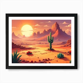 A Vibrant, Cartoonish Landscape With A Large Sun, Mountains, Cacti, And Strawberries Art Print