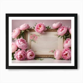 A Floral Design Featuring A Vintage Framed Print With A Pale Pink Rose Design And Pink Peonies Arranged Around It Against A Pink Background Art Print