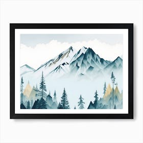 Mountain And Forest In Minimalist Watercolor Horizontal Composition 6 Art Print