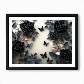 3d View of the 3d Art Showing Black Roses and Butterflies on A Beautiful Background Art Print