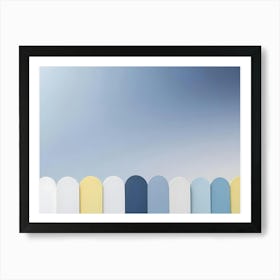 A Minimalist Image Of A Colorful Fence With Rounded Tops, Set Against A Blue And White Gradient Background, Representing A Simple And Playful Design Art Print