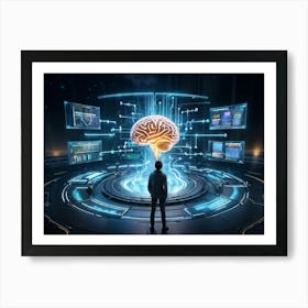 Abstract Cyber Concept Art Featuring A Human Brain At The Center Of Innovation Connected With Futur (3) Art Print