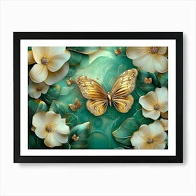 3d Abstract Floral Background with Green Flowers and Golden Butterfly 3 Art Print