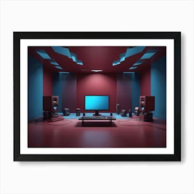 A Room With Red And Blue Walls And A Partially Broken Ceiling Art Print