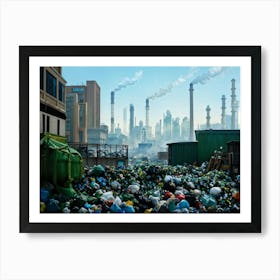 Greenhouse Gases And Smog Blanketing A Cityscape Urban Industry Spewing Fumes Ocean Littered With Art Print