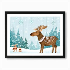 Illustration Of A Baby Moose In A Serene Scandinavian Winter Forest Clearing Surrounded By Twinklin Art Print