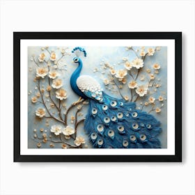 3d Peacock Artwork on Branch Art with Flowers Art Print