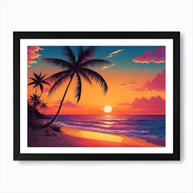 A Tranquil Beach At Sunset Horizontal Illustration 66 Art Print