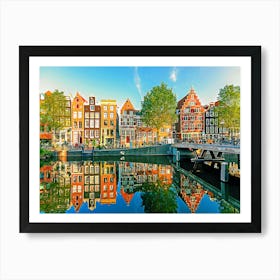 Old Historic Dutch Houses Reflecting In The Canal On A Sunny Day, Amsterdam, Netherlands Art Print