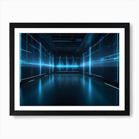 Abstract Digital Image Of A Room With Multiple Screens Displaying A Blue Waveform, Resembling Data Or Sound Waves, Against A Dark Background Art Print