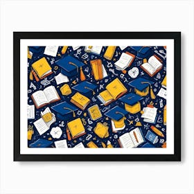 A Seamless Pattern Featuring Various Hand Drawn Elements, Including Books, Pencils, Graduation Caps, And Other Educational Symbols, Creating A Cheerful And Whimsical Design Art Print